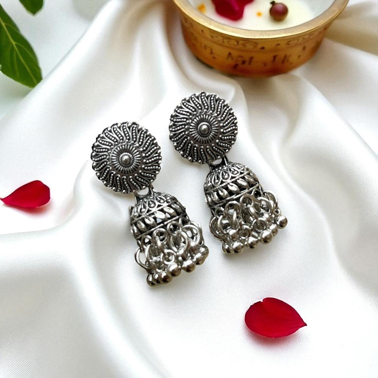 mini-silver-jhumka-earrings-with-floral-stud-2 Mini Silver Jhumka Earrings with Floral Stud - Image 1