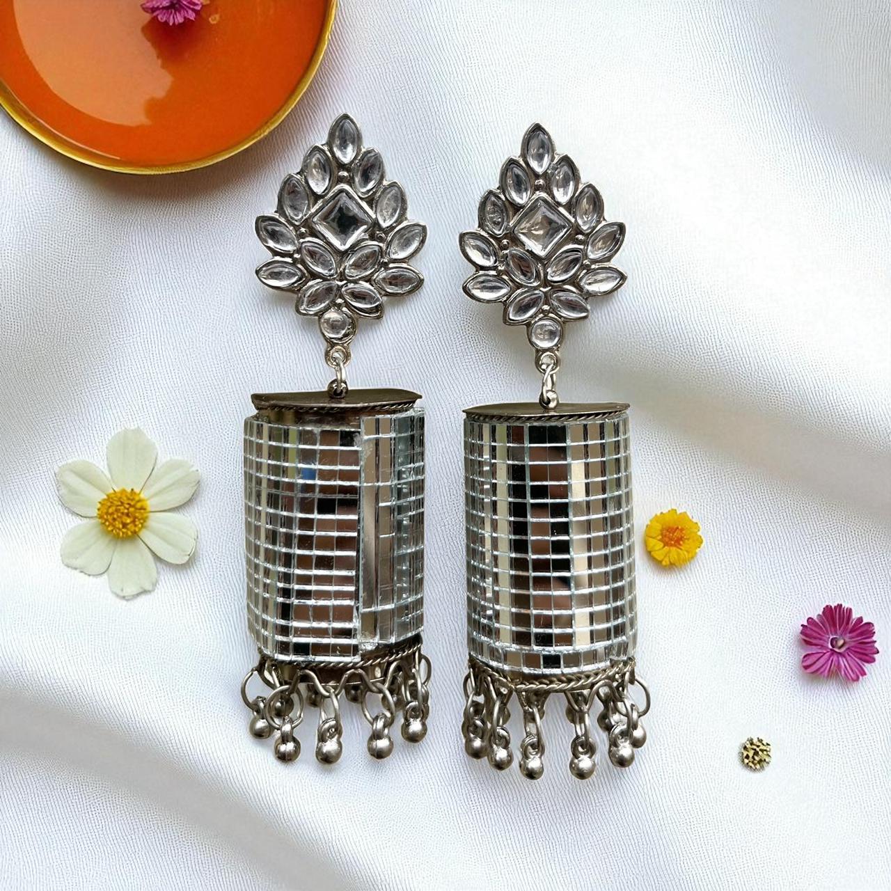 Mirrored Big Silver Earrings – Floral Dangler Design Mirrored Big Silver Earrings - Floral Dangler Design - Image 1