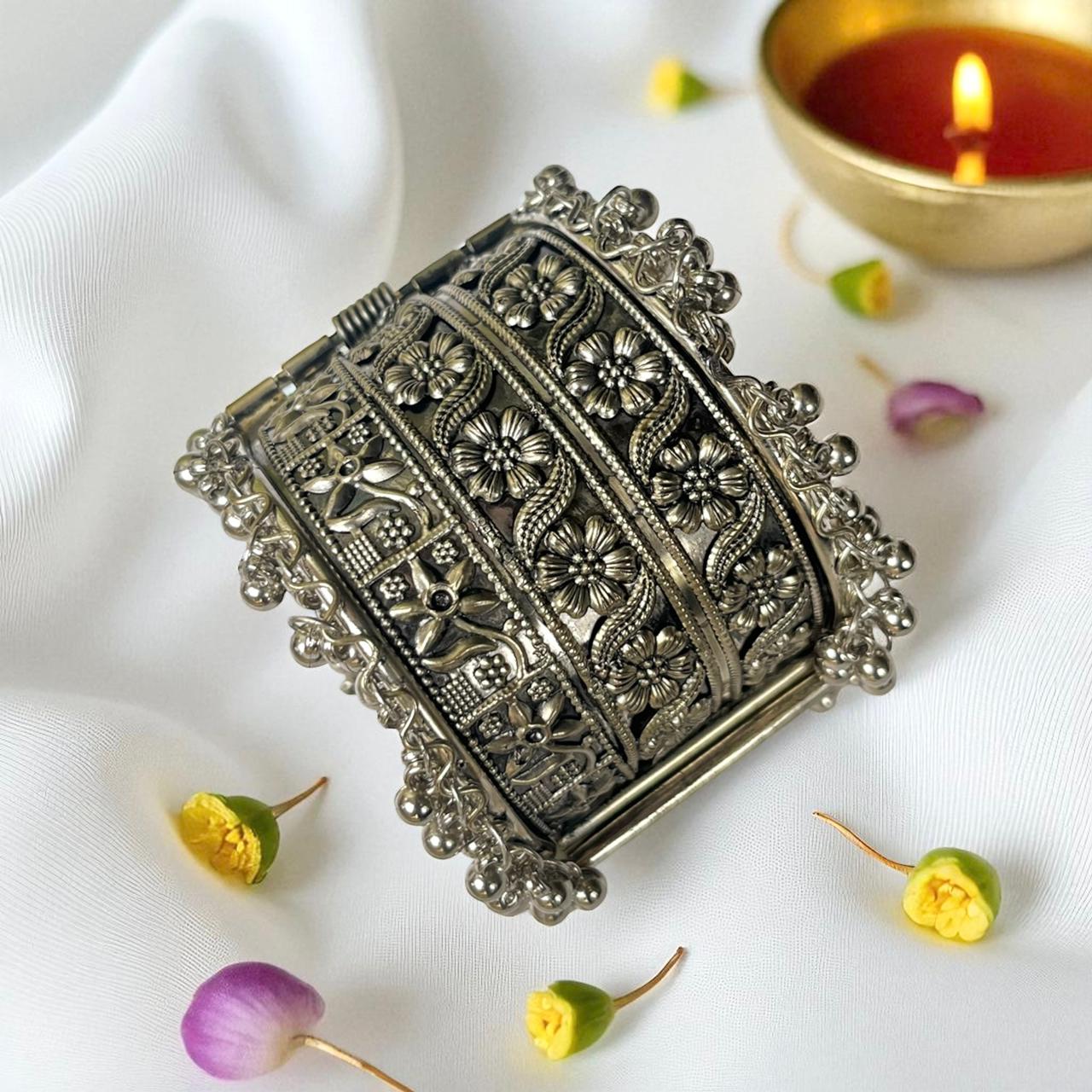 Oxidized Silver Bracelet with Corner Ghunghroo Accents - Free Size (Design 1) Oxidized Silver Bracelet with Corner Ghunghroo Accents - Free Size (Design 1) - Image 1