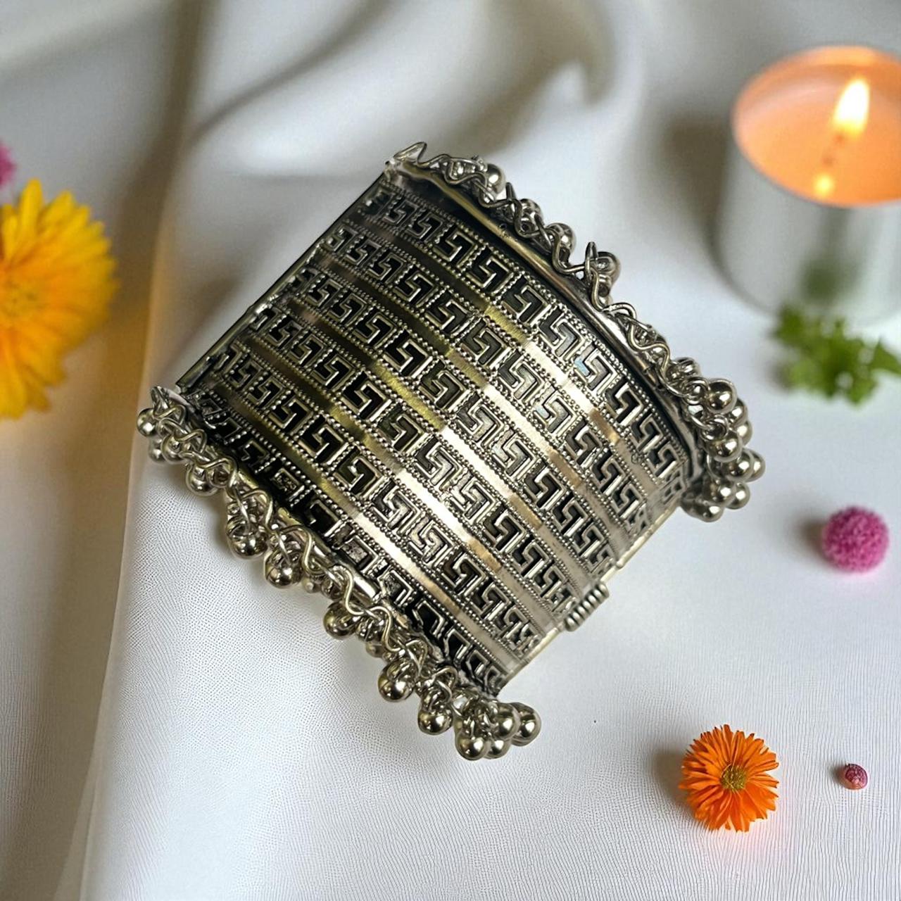 Oxidized Silver Bracelet with Corner Ghunghroo Accents - Free Size (Design 2) Oxidized Silver Bracelet with Corner Ghunghroo Accents - Free Size (Design 2) - Image 1