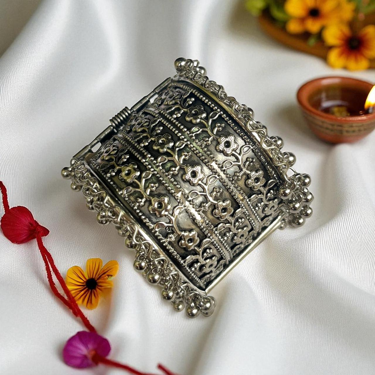 Oxidized Silver Bracelet with Corner Ghunghroo Accents - Free Size (Design 5) Oxidized Silver Bracelet with Corner Ghunghroo Accents - Free Size (Design 5) - Image 1