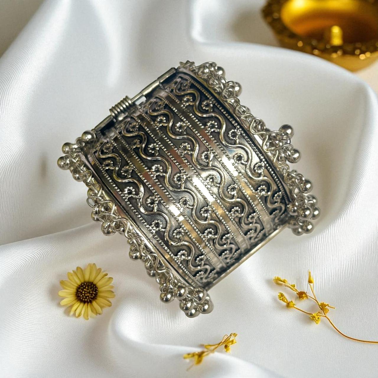 Oxidized Silver Bracelet with Corner Ghunghroo Accents - Free Size (Design 9) Oxidized Silver Bracelet with Corner Ghunghroo Accents - Free Size (Design 9) - Image 1