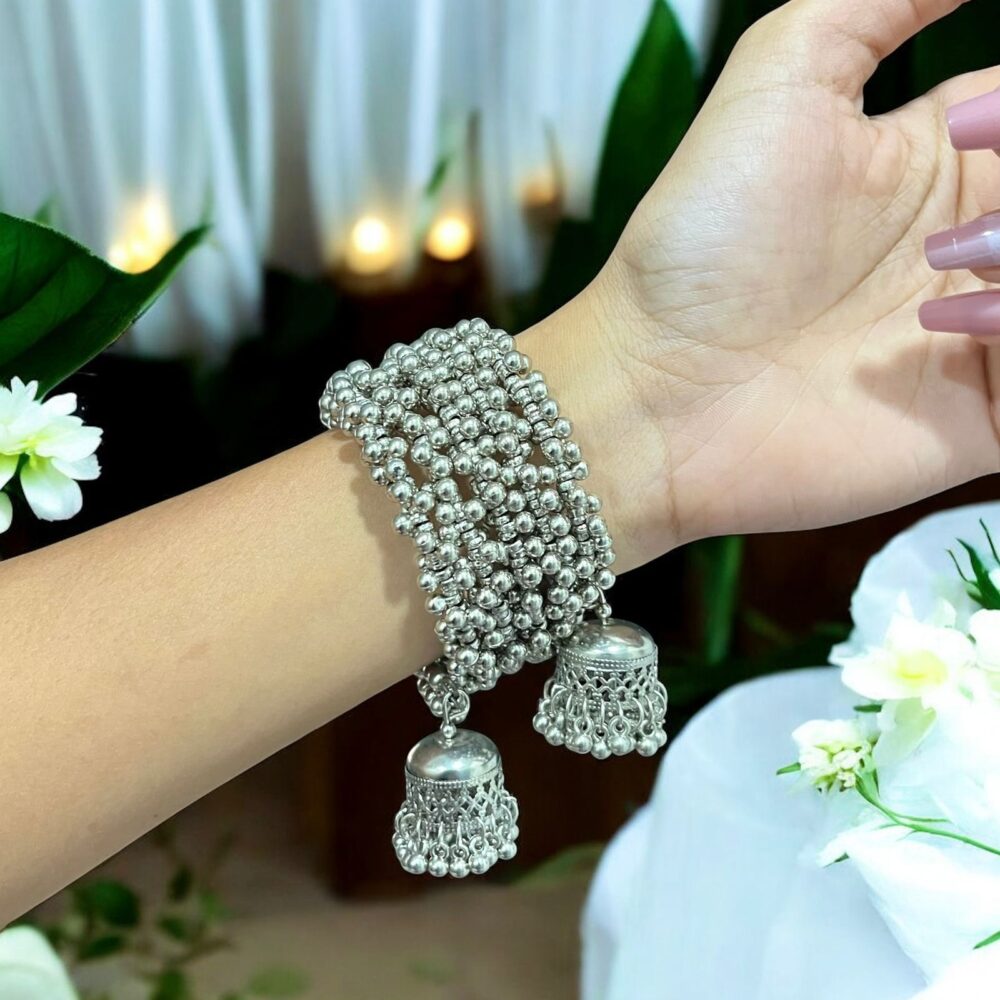 Oxidized Silver Bracelet with Ghunghroo & Jhumkas
