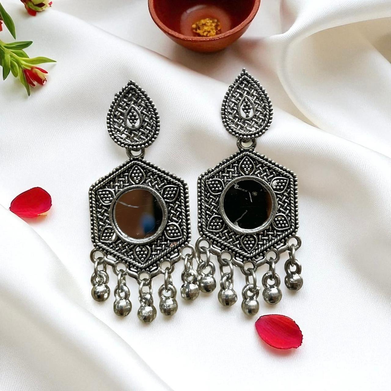 Oxidized Silver Earrings with Mirror – Ethnic Dangler Jewelry Oxidized Silver Earrings with Mirror – Ethnic Dangler Jewelry - Image 1