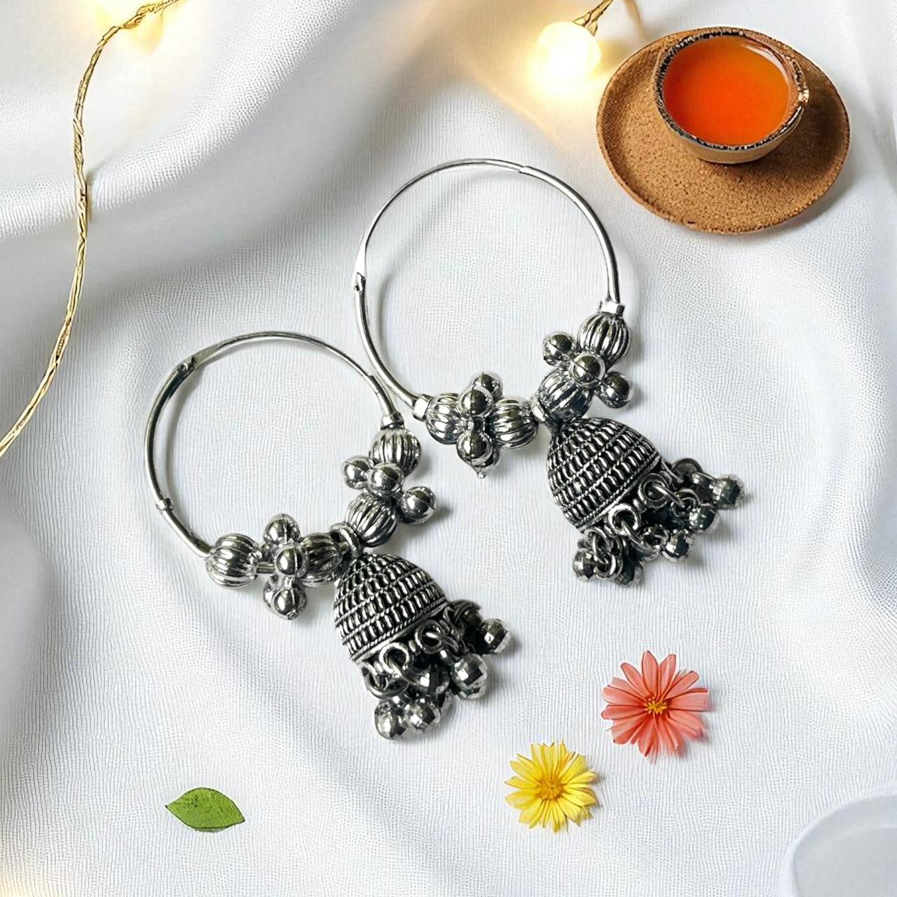 silver-mini-hoop-jhumka-earrings-with-round-danglers-2 Silver Mini Hoop Jhumka Earrings with Round Danglers - Image 1