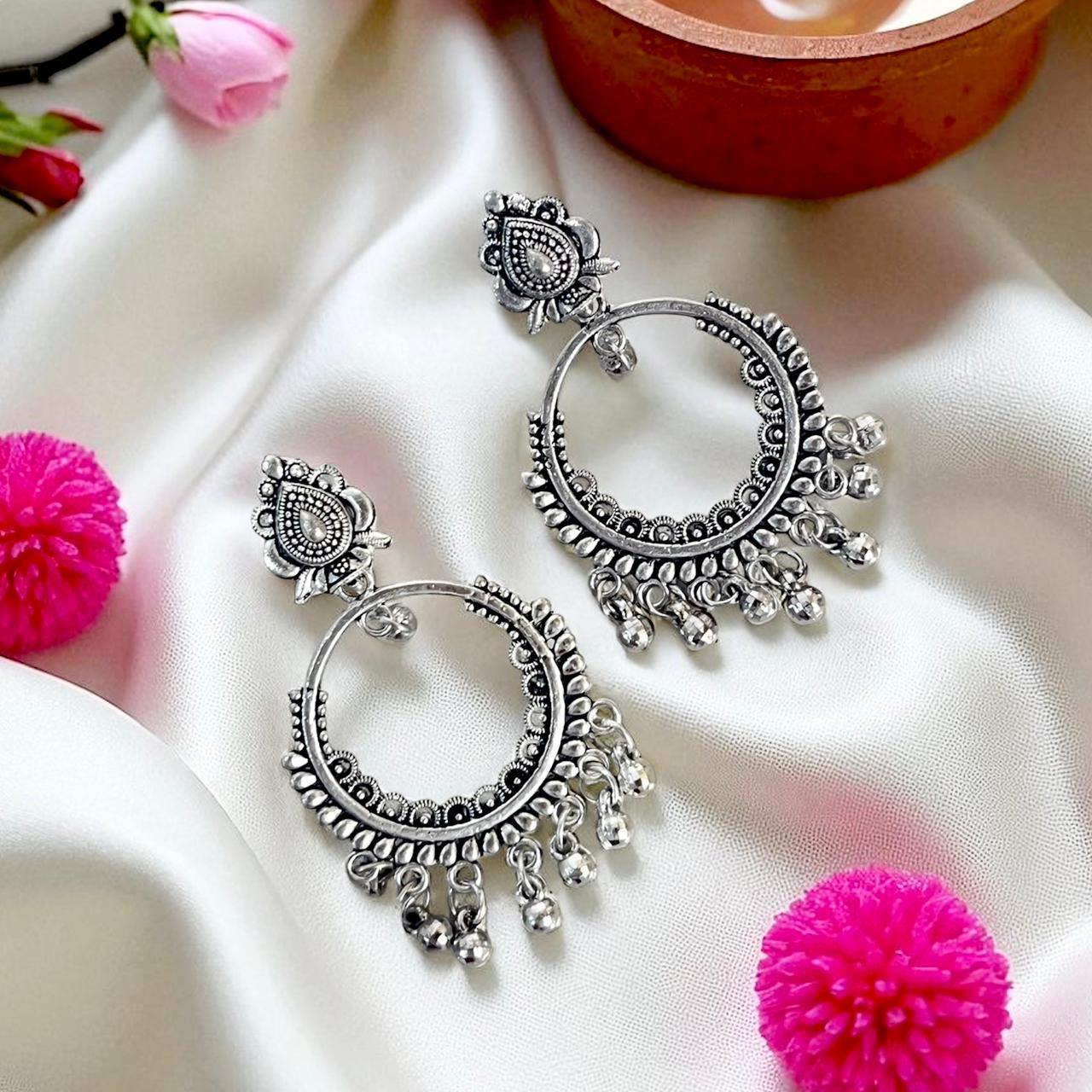 Silver Teardrop Earrings with Beaded Hoops and Dangling Charms Silver Teardrop Earrings with Beaded Hoops and Dangling Charms - Image 1