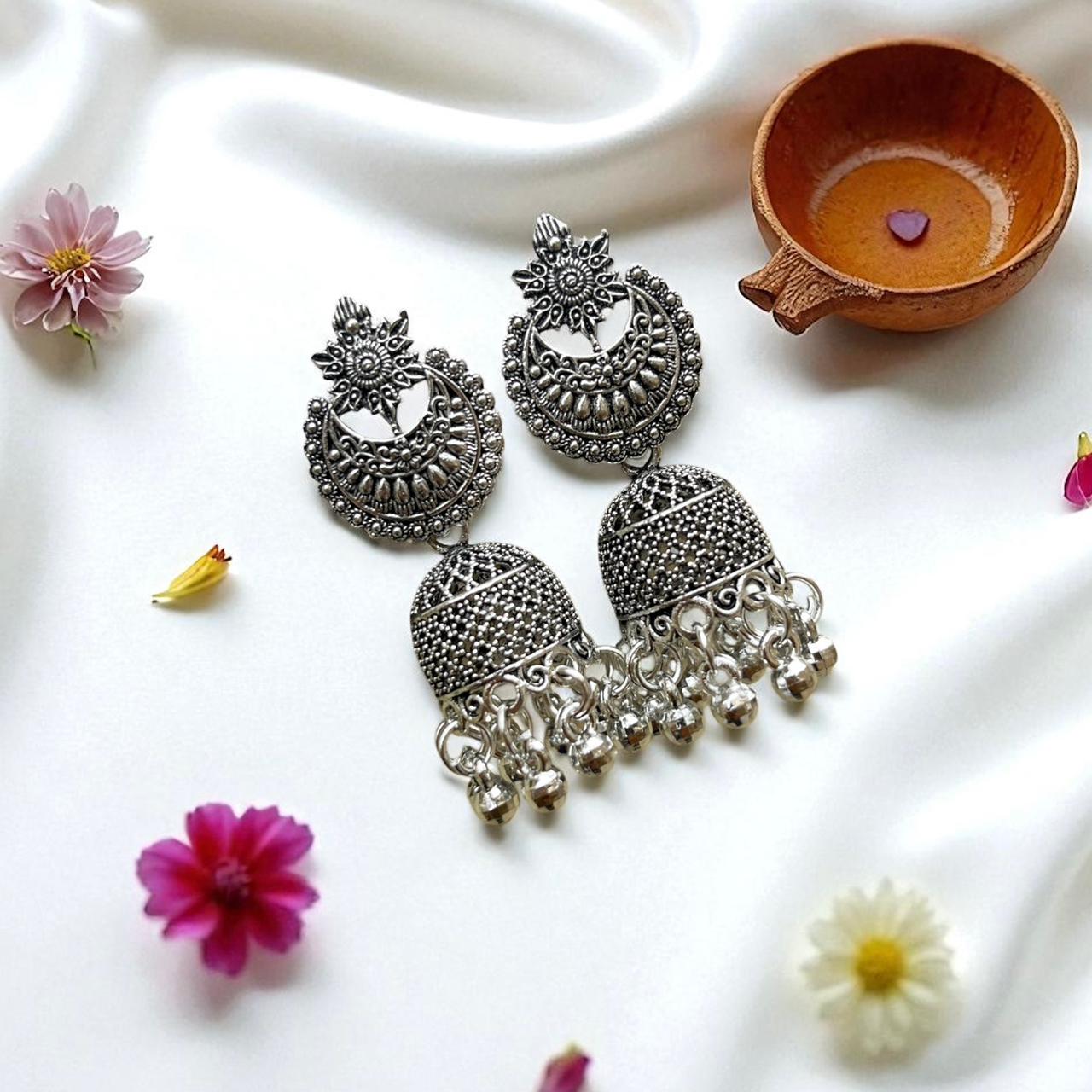 Traditional Silver Jhumka Earrings with Beads Traditional Silver Jhumka Earrings with Beads - Image 1